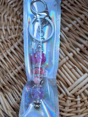 Silver Keychain with Pink & Purple Beads - Women Accessories Key Holder